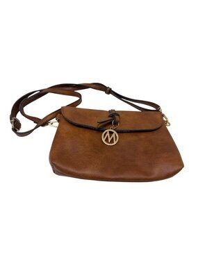 Mia K. Farrow Collection Brown Leather Crossbody Bag – Gold “M” Charm – 6” x 9”